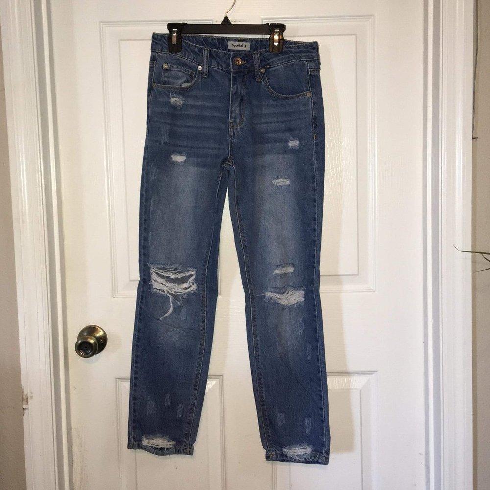 Distressed Blue Straight Leg Jeans